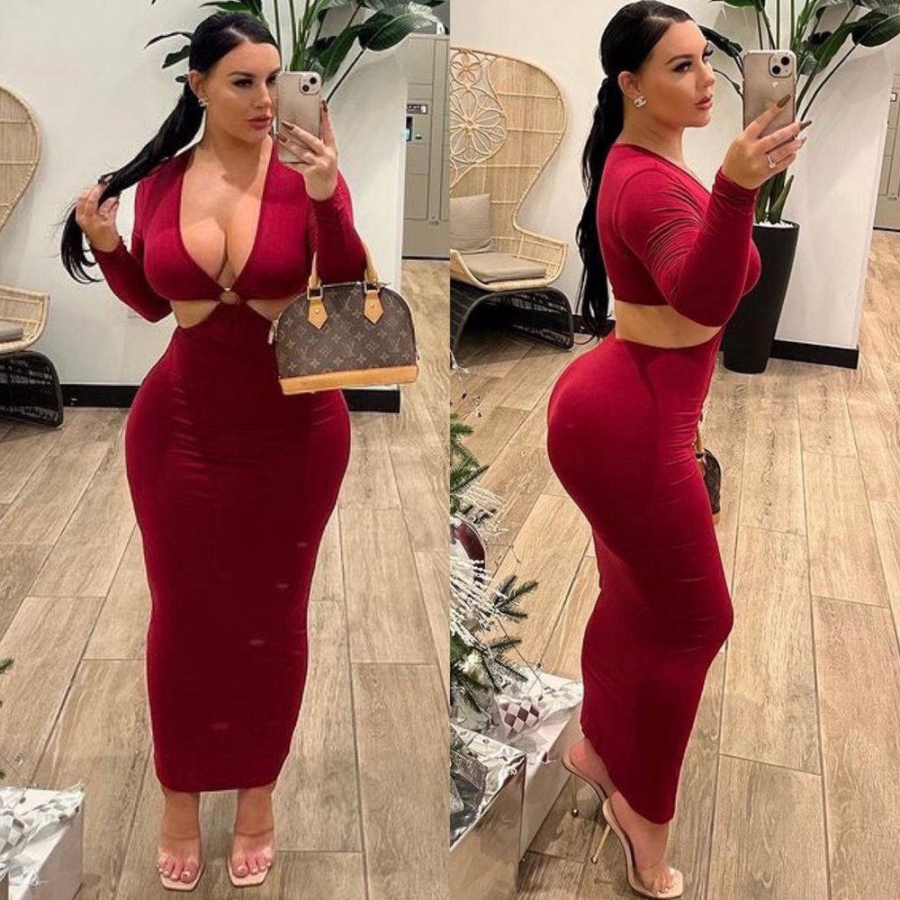 💋SOLD💋 Shein Sxy Burgundy O-Ring V-Neck Long Sleeve Bodycon Maxi Dress Sz M
